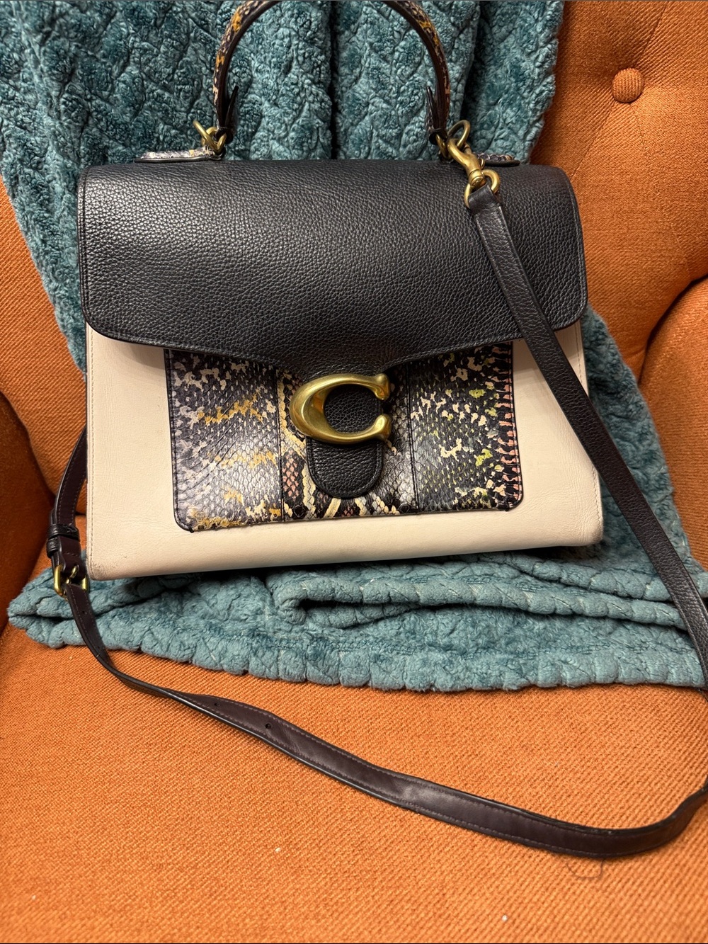 Coach Black, Cream & Multicolor Snakeskin Accent Satchel